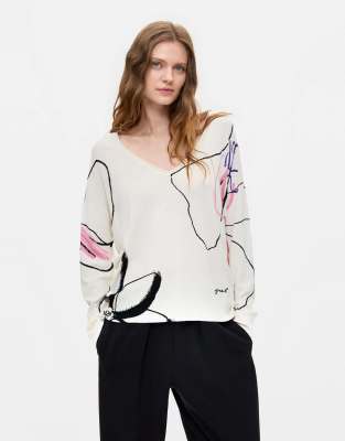 Desigual Donna Bianco Maglione Leggero A Fiori, S - Immagine 4