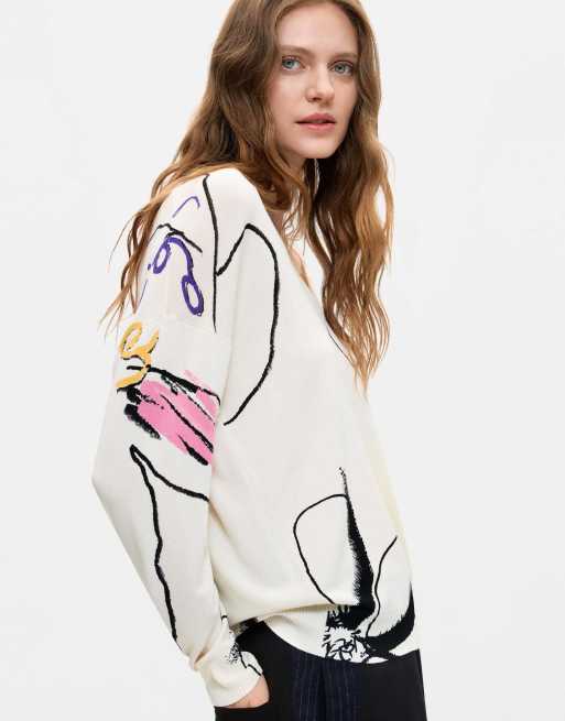 Desigual maglione sottile stampato bianco, 4 di 4