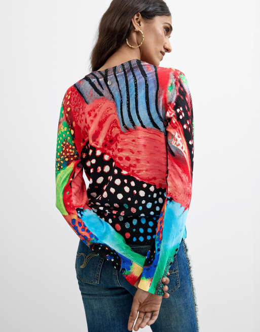 Desigual maglione stampato nero multicolore, 3 di 4