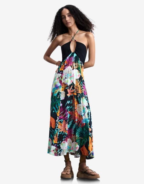 Desigual – Maxikleid in Schwarz mit tropischem Muster - view 1