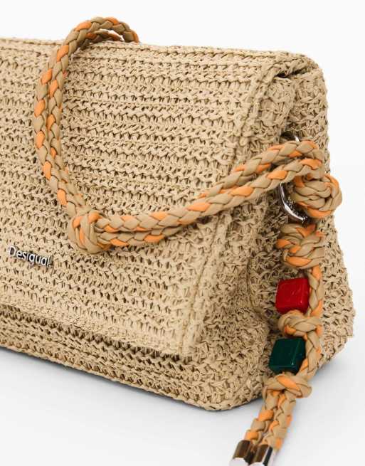 Desigual Medium raffia bag with charms in beige, 4 of 4