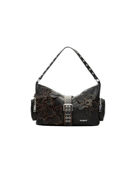 Desigual - Medium tas met bloemenapplicaties in bruin - view 1