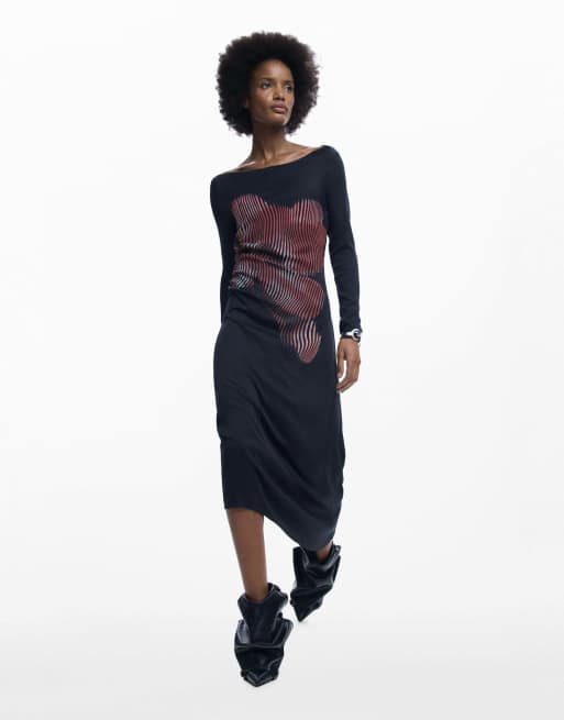 Desigual - Midi-jurk met gepixeleerde print in zwart, 3 van 4