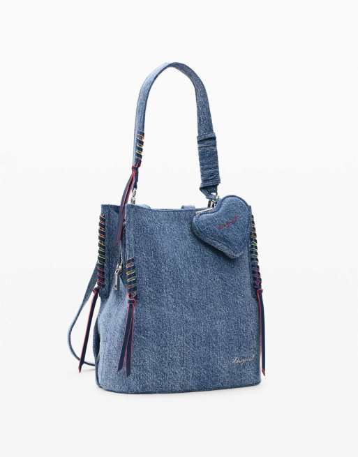 Desigual - Mochila vaquera pequeña azul con detalle de corazón, 3 de 4