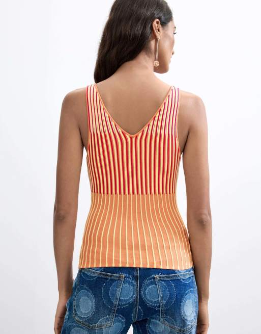 Desigual mouwloos gebreid T-shirt in oranje, 2 van 4
