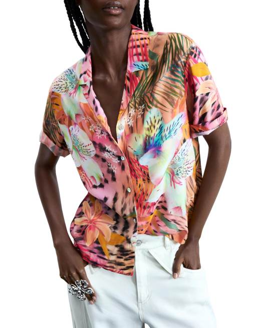 Desigual - Overhemd met korte mouwen en tropische print in roze, 3 van 4