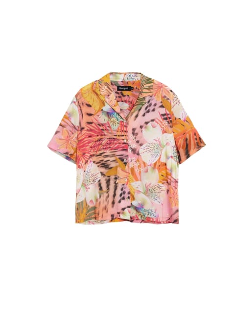 Desigual - Overhemd met korte mouwen en tropische print in roze, 4 van 4