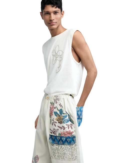 Desigual - Pantalones largos blancos con estampado floral, 3 de 4