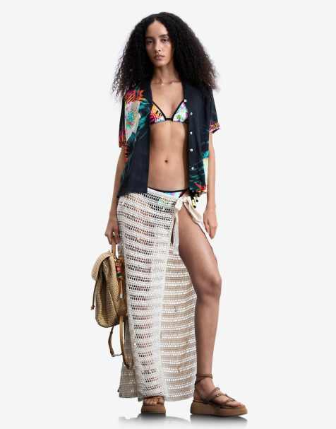 Desigual - Paréo en maille ajourée avec appliqués - Crème - view 1