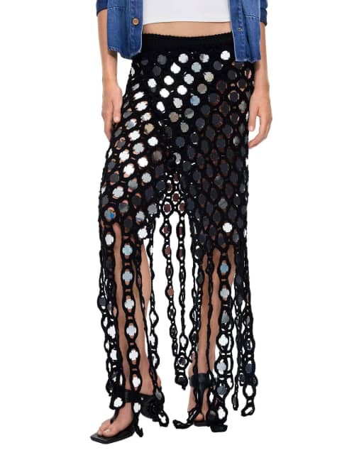Desigual - Pareo negro de croché con lentejuelas, 2 de 4