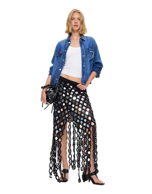 Desigual - Pareo negro de croché con lentejuelas, 4 de 4