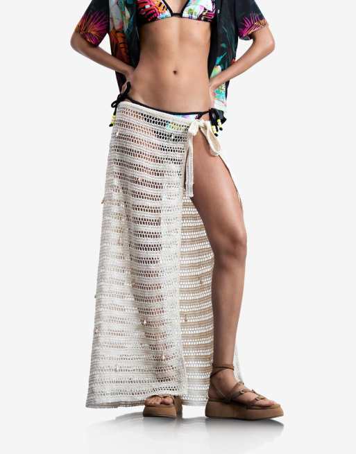 Desigual - Pareo traforato color crema con applicazioni, 2 di 4