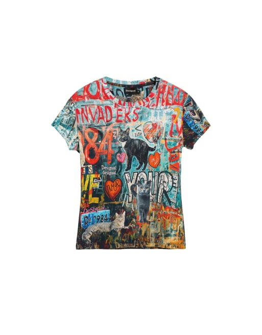 Desigual Printed cat t-shirt in red, 4 of 4