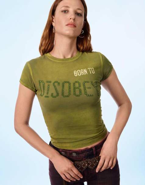 Desigual Printed t-shirt with studs in green