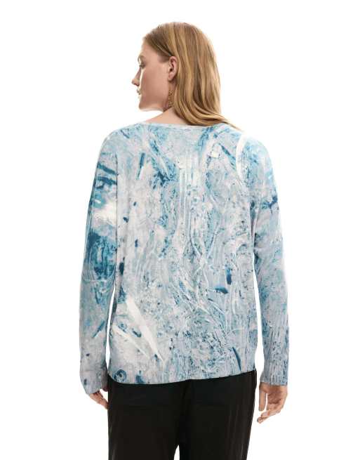 Desigual - Pull à col en V avec imprimé abstrait - Bleu, 2 de 4