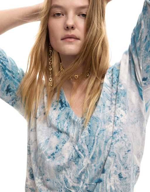 Desigual - Pull à col en V avec imprimé abstrait - Bleu, 3 de 4