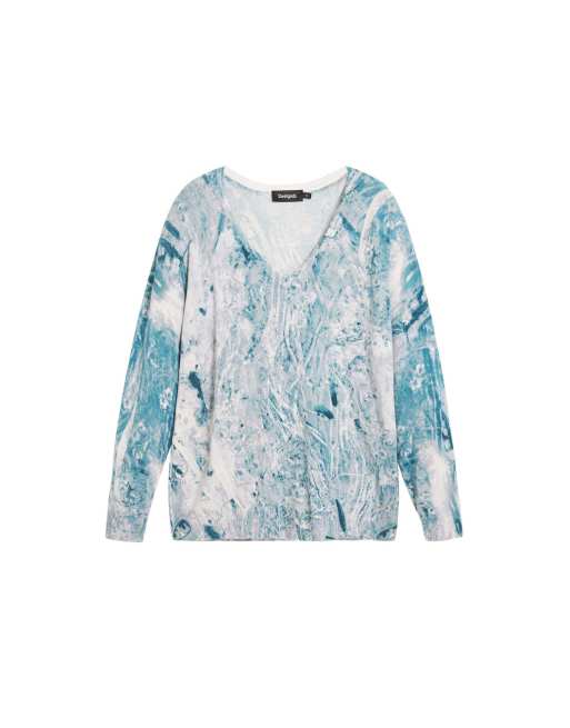 Desigual - Pull à col en V avec imprimé abstrait - Bleu, 4 de 4