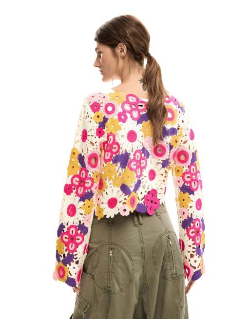 Desigual - Pull en maille au crochet - Blanc et multicolore, 2 de 4