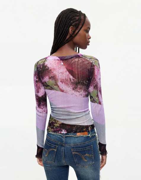 Desigual pull imprimé à col V rose - view 1
