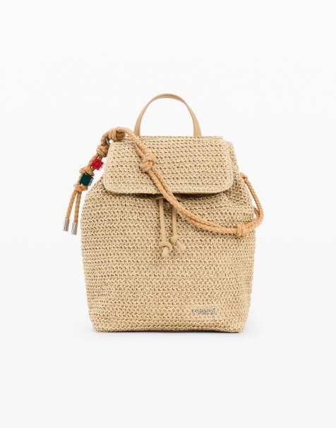Desigual Small raffia backpack charms in beige - view 1