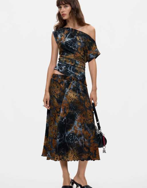 Desigual Straight flocked skirt in blue, 3 of 3