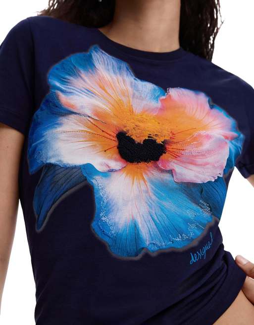 Desigual t-shirt à grande fleur bleu, 3 de 4