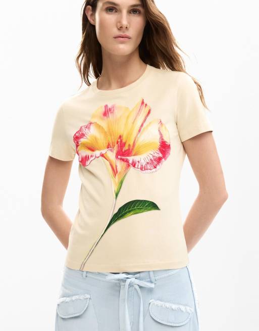 Desigual - T-shirt à imprimé hibiscus - Crème, 3 de 4