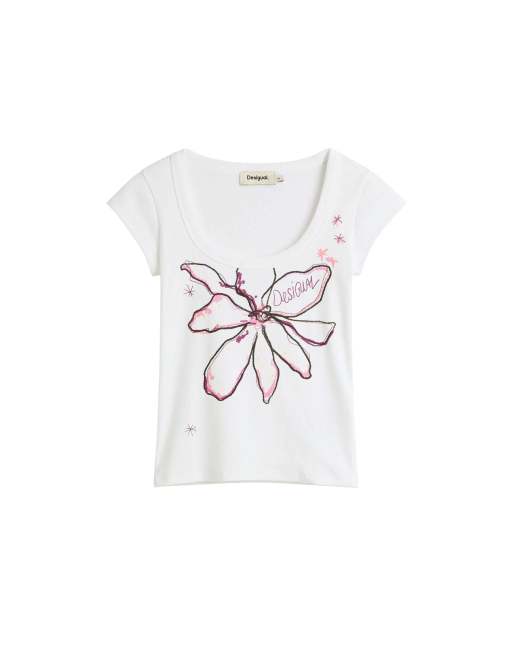 Desigual - T-shirt bianca aderente con fiori, 4 di 4