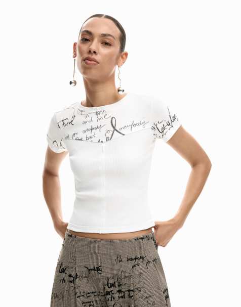Desigual - T-shirt bianca con scritta a coste - view 1