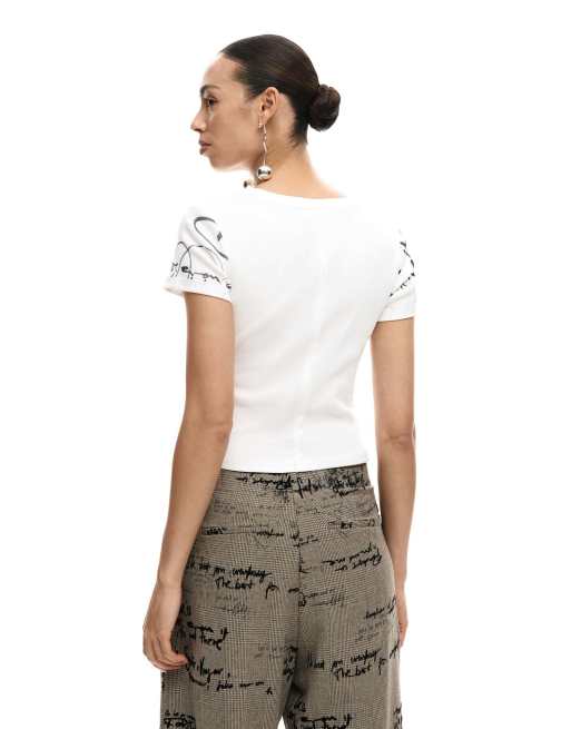 Desigual - T-shirt bianca con scritta a coste, 2 di 4