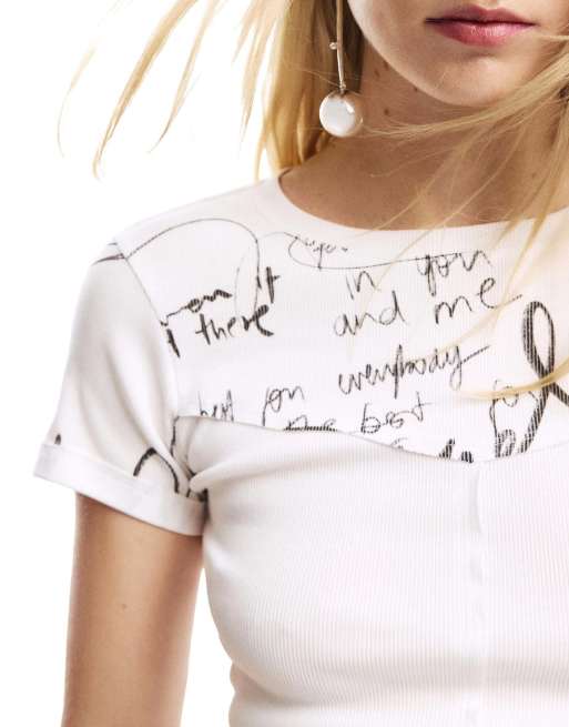 Desigual - T-shirt côtelé à inscription - Blanc, 3 de 4