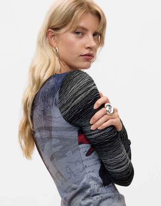 Desigual T-shirt in maglia stampata grigia, 4 di 4
