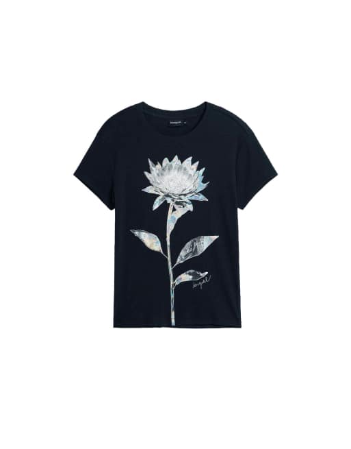 Desigual - T-shirt met bloemenprint in zwart, 4 van 4