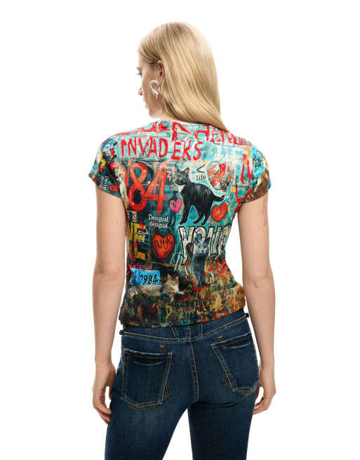 Desigual - T-shirt rossa con stampa di gatto, 2 di 4