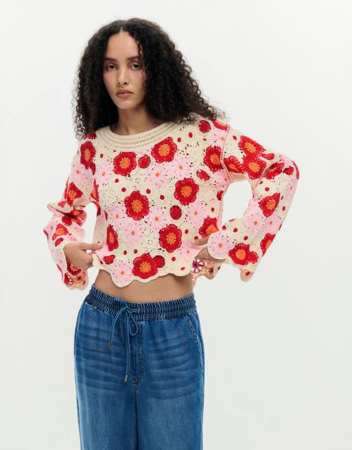 Desigual - Top all'uncinetto bianco multicolore