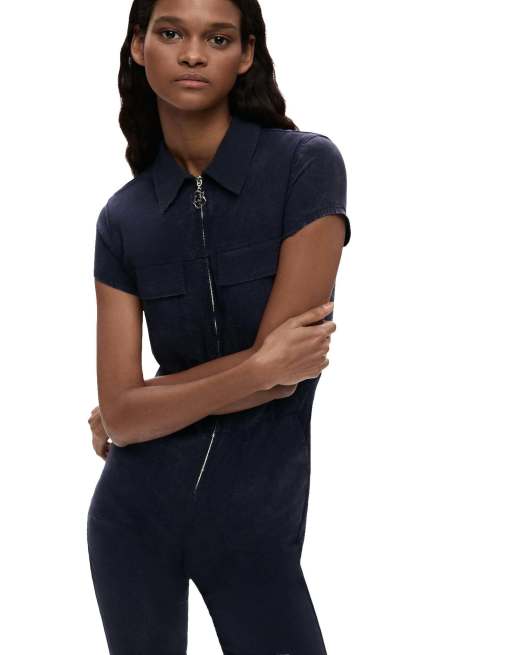 Desigual - Tuta jumpsuit lunga blu con zip, 3 di 4