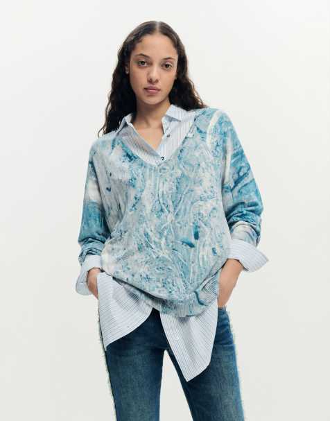 Desigual V-neck sweater with abstract print in blue - view 1