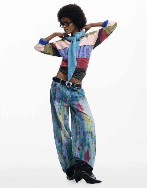Desigual - Vaqueros azules de pernera ancha con estampado de salpicaduras - view 1