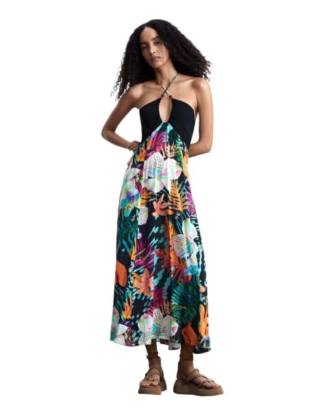 Desigual - Vestido largo negro con estampado tropical - view 1