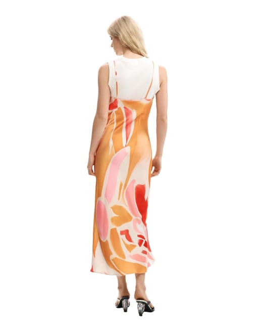 Desigual - Vestido naranja con diseño 2 en 1 de tirantes, 2 de 4