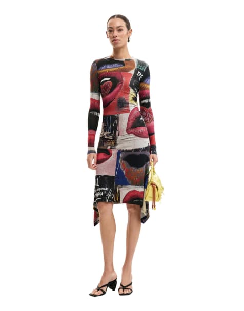 Desigual - Vestido negro estampado de bocas - view 1