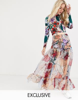 sheer floral maxi skirt