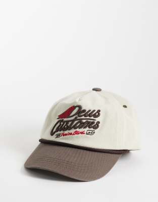 Deus Ex Machina 100 cotton logo trucker cap with contrast leather fastening and peak in ivory and brown ivory