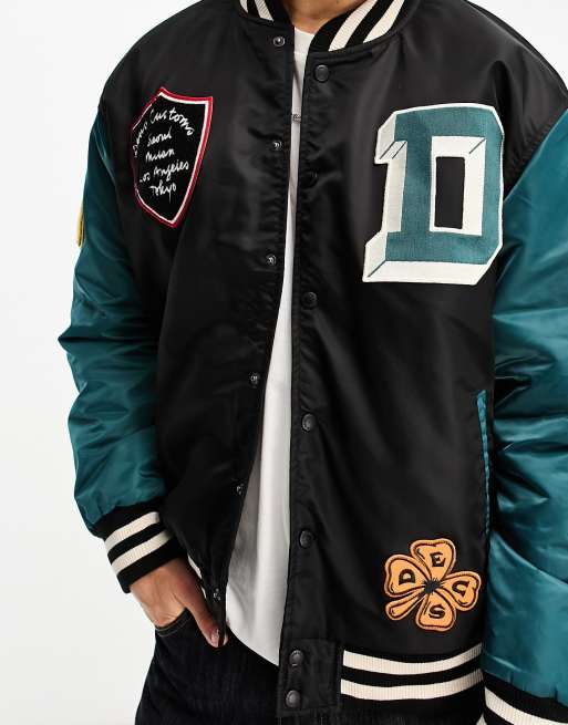 Deus Ex Machina alumni varsity jacket in black exclusive to ASOS