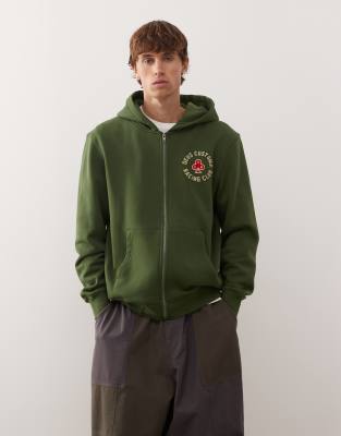 Deus Ex Machina Deus Ex Machina basto zip through logo hoodie in khaki-Green