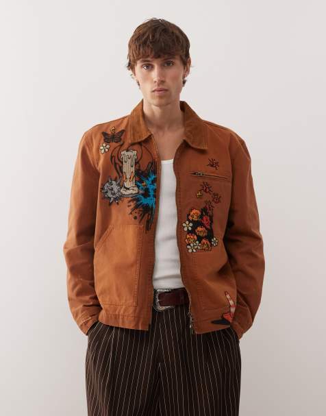 Deus Ex Machina Collective Improv worker jacket in brown with all over embroidery - view 1