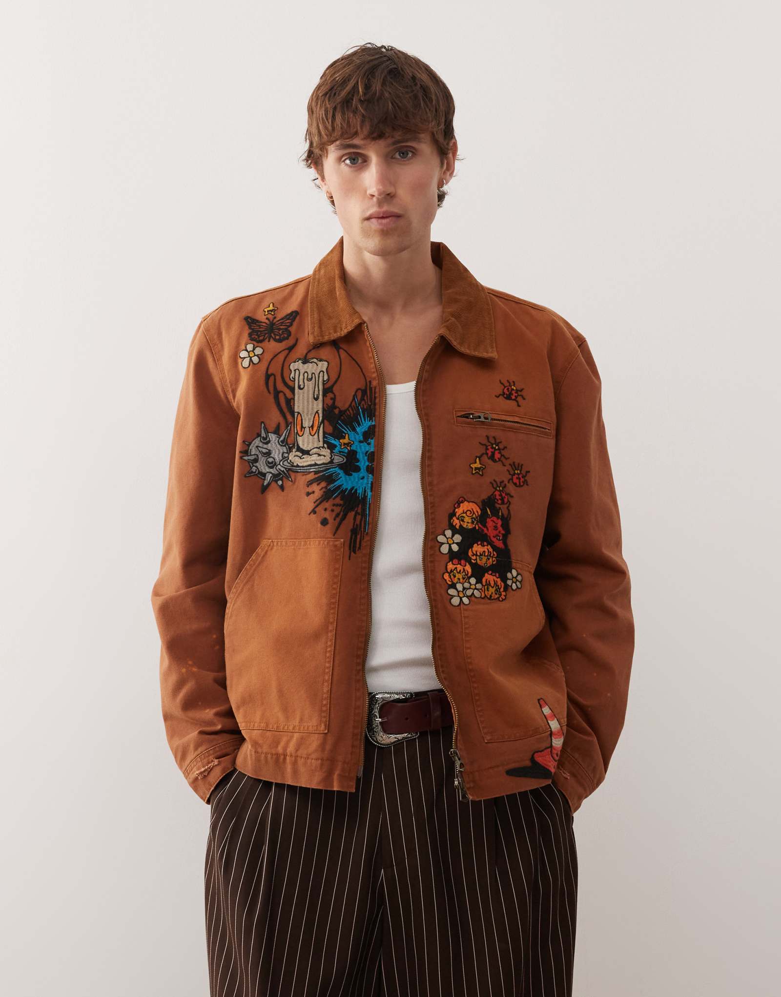 Рабочая куртка для коллективной импровизации Deus Ex Machina коричневого цвета с вышивкой по всему телу