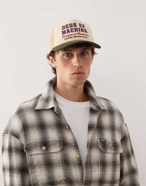 Deus Ex Machina gumshoe corduroy trucker cap in beige and khaki green
