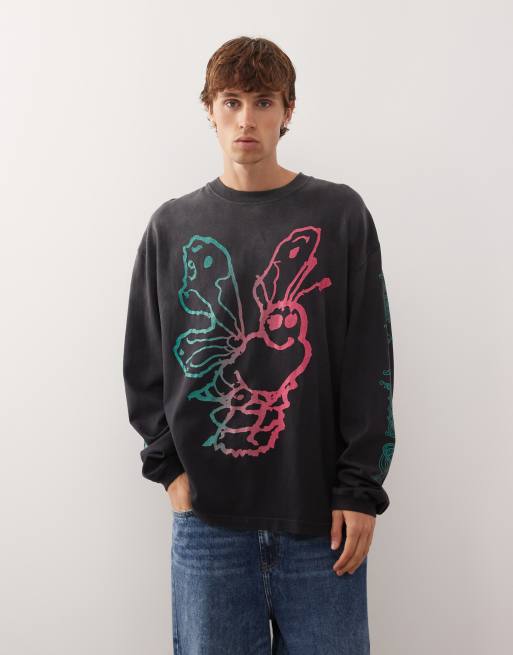 Deus Ex Machina oversized long sleeve t-shirt with butterfly back print in washed black, 3 of 5