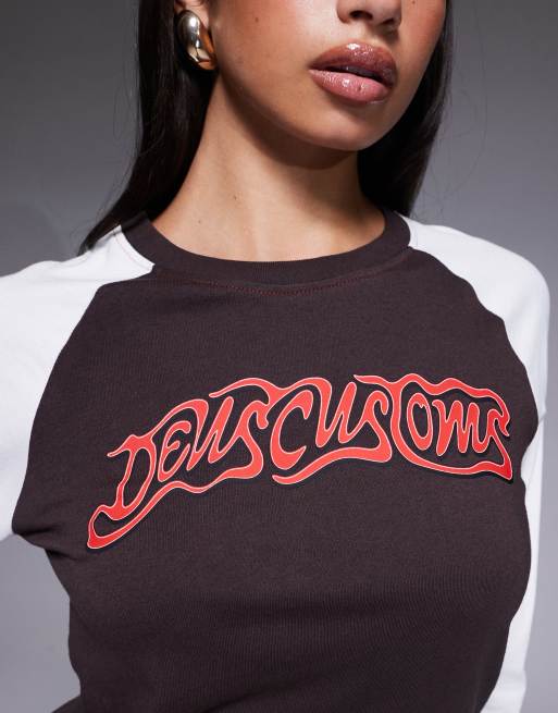 Deus Ex Machina – Rocca Raglan – Langärmliges T-Shirt in Braun und Weiß, 4 von 4